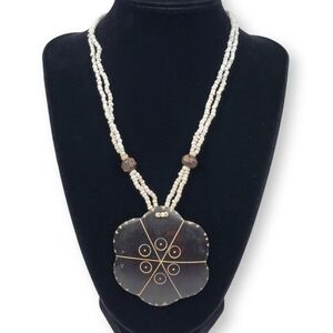 Carved Wood Flower Necklace Dark Brown Pendant White Beaded Double Strand 17"